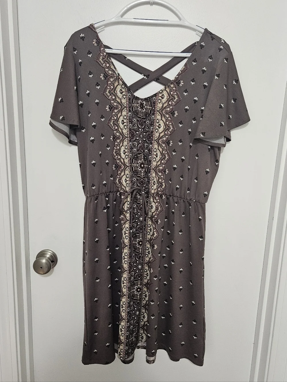 Maurices Brown Floral Border Print Mini Dress with Crisscross Back Size XL